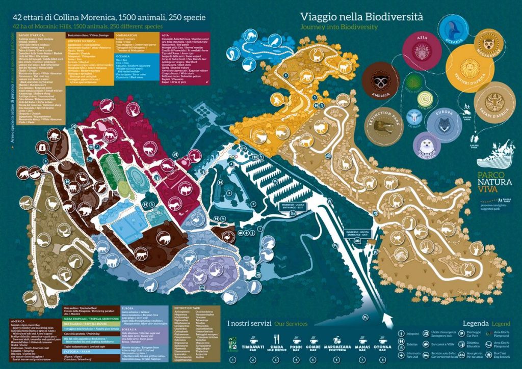 Mappa completa del Parco Natura Viva, zoo safari, parco dinosauri e area faunistica pedonale.