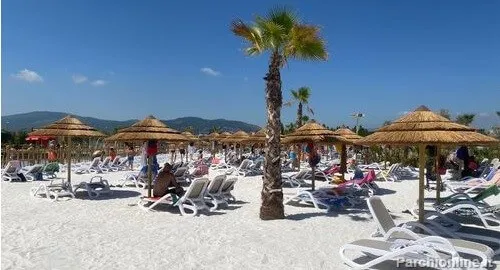 Spiaggia a bordo piscina con sedie sdraio e ombrelloni al parco acquatico MagicSplash di Valmontone