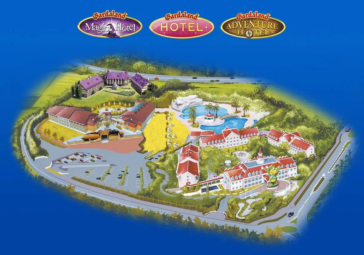 Piantina che mostra la disposizione degli alberghi tematizzati di Gardaland Resort