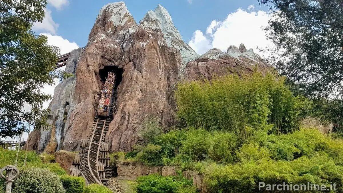 Foto della ripida discesa del roller coaster Expedition Everest al parco Disney's Animal Kingdom di Orlando