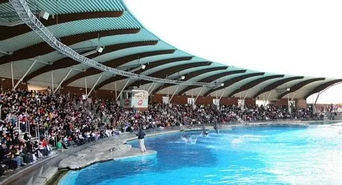 Tribune e laguna dei delfini dell'area Dolphin World del Parco Oltremare di Riccione